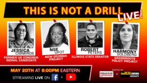 Graphic image promoting This is Not a Drill Live with photo of guests Jessica Cisneros, Nse Ufot, Robert Peters and Harmony Goldberg