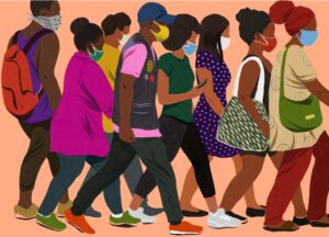 Artwork of a group of Black people walking together all wearing masks