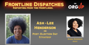 Graphic image with host Diana Robinson and guest Ash-Lee Henderson for Frontline Dispatches