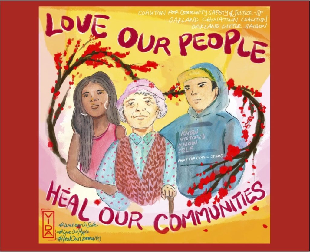 : Drawing of two women and one man of different Asian ethnicities, with cherry blossoms and text: Love Our People, Heal Our Communities