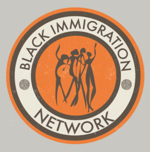 Image of a logo: Orange Circle background with black concentric circle and wording that says Black Immigration Network