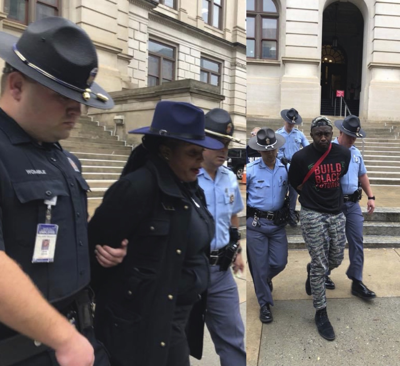 (Left panel) A Black woman in navy-blue hat and suit, wrists tied behind her back, walking between two policemen, one on each elbow. Right panel, a Black man in a black T-shirt and print pants being similarly escorted. Massive old stone steps behind them.