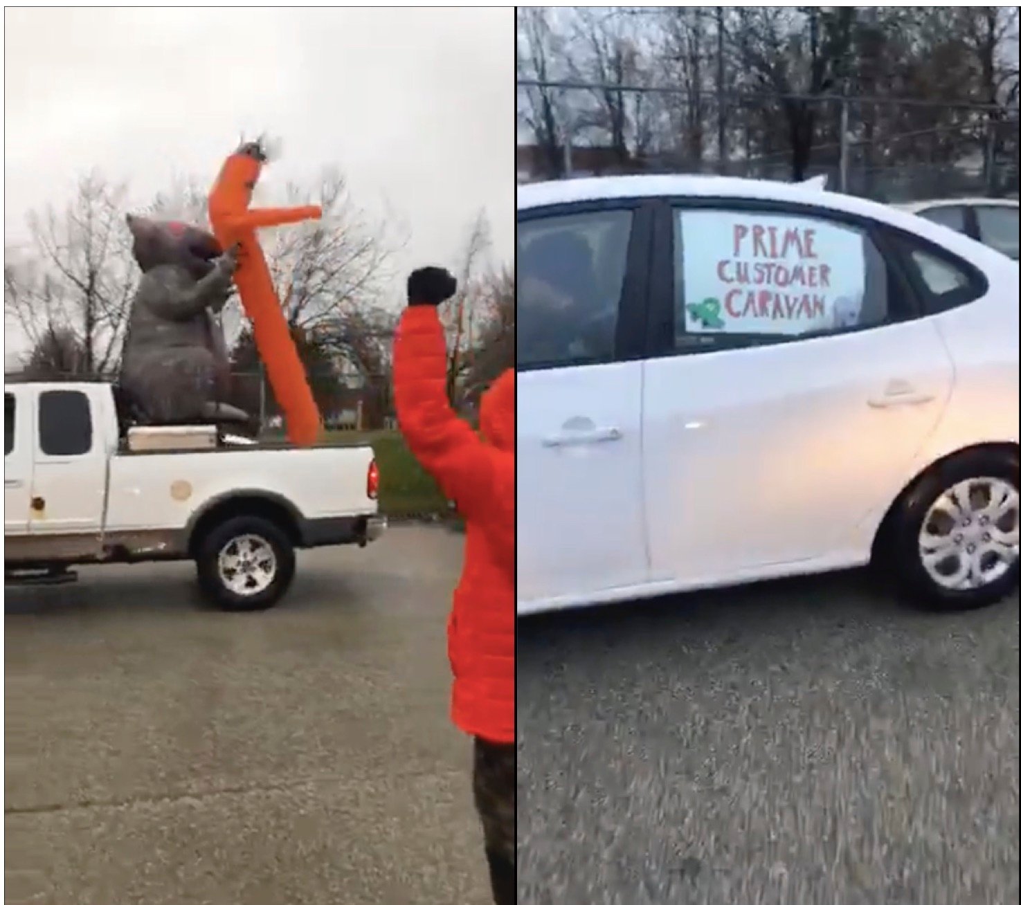 Left side: in the foreground, a person in a red jacket, from the back, fist raised saluting an inflatable rat in the back of a pickup. Right, a car with "prime customer caravan" sign in the window.