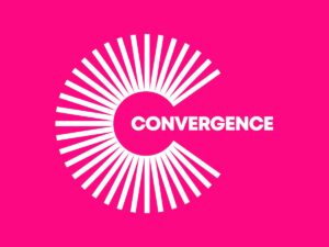 White Convergence logo over a bright pink background