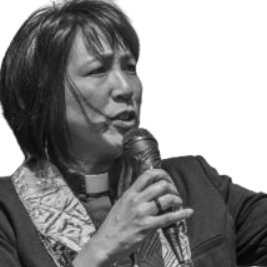 Deborah Lee holding a microphone talking