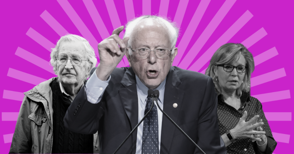 Purple image of Bernie Sanders flanked by Noam Chomsky and Liz Cheney