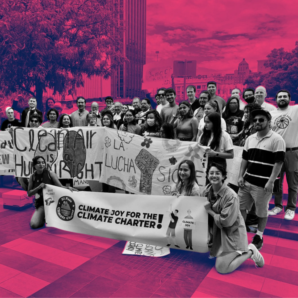 Posed shot of members of Sunrise El Paso celebrating after they turned in more than 40,000 signatures to qualify the Climate Charter for the May 2023 ballot.