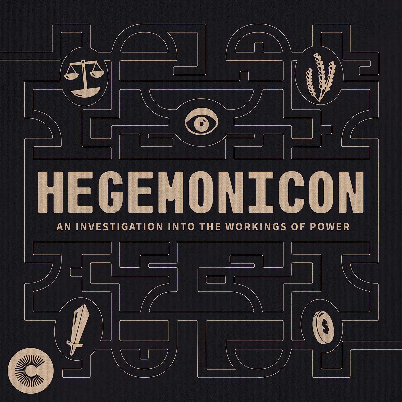 A maze featuring icons of scales, an eye, crops, a sword, and a coin with text "Hegemonicon"